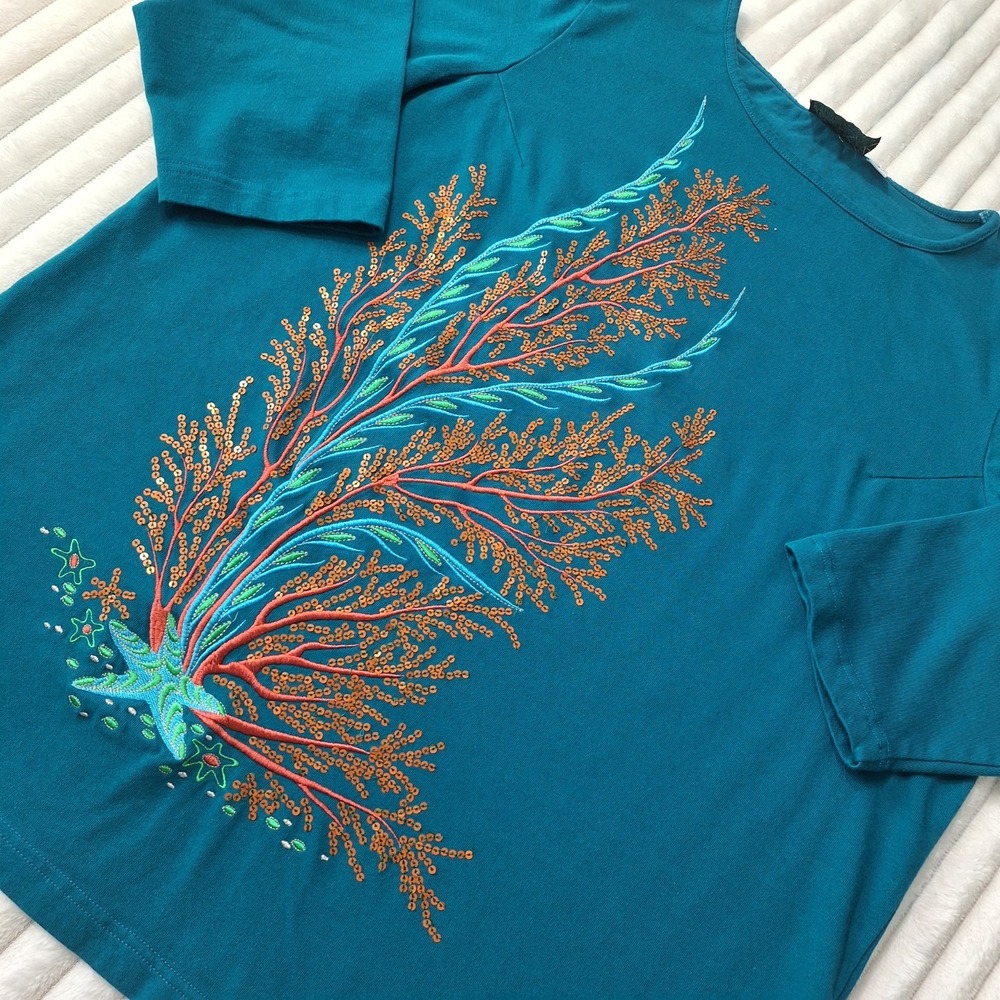 Bob Mackie Wearable Art Novelty Embroidered Coral‎ Reef Blouse Womens XL Teal